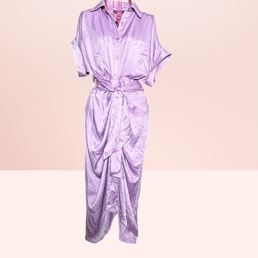 Steve Madden Tori Dress Dusty Lavender‎ Tie Waist Midi Shirt Dress Size 2 Purple